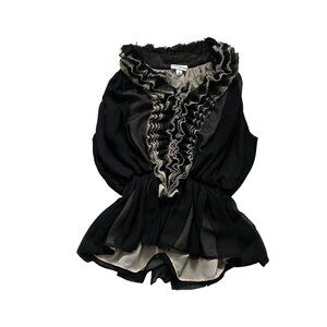 Robert Rodriguez Womens Blouse Black Beige Ruffle Lace Trim XS Polyester Nylon